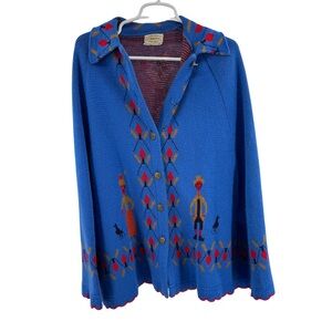 Vintage 70s Sturbridge Nordic sweater poncho shrug one size blue red boho